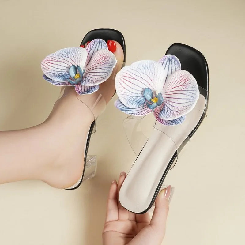 Fashion Flower Women Thin Heels Sandals Slides Shoes Female Square Toe Footwear Ladies High Heels Sandals Shoes Pumps