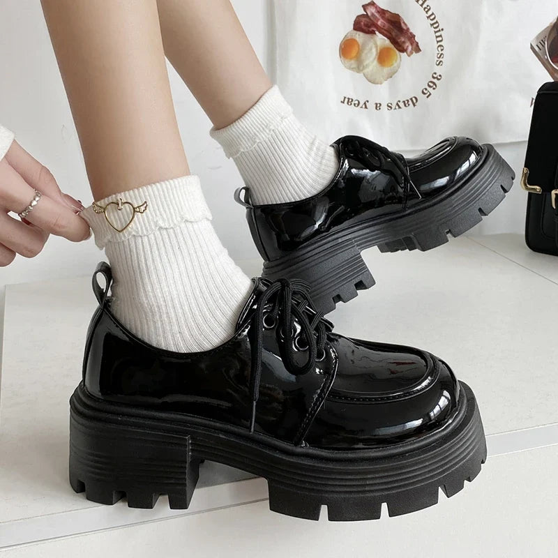 Retro Pu Leather Platform Oxford Shoes Women Japanese Style Thick Sole Black Student Shoes Woman Lace Up Thick Heel Pumps Female