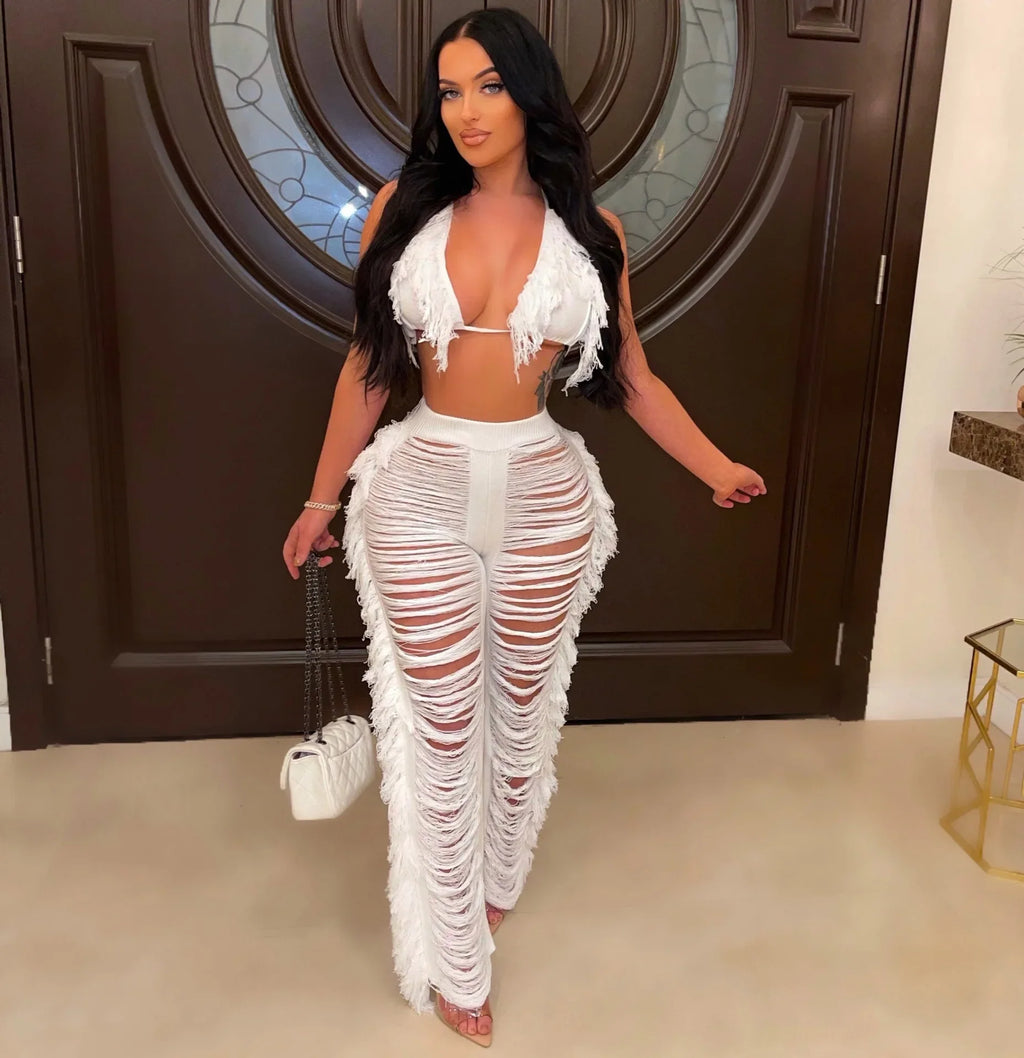 DEKAWomen Tassel Pants Knitted Bra Top Bikini Set Swimsuit Handemade Crochet Bikini Cover Up Tassel Beach Long Wrap Pant