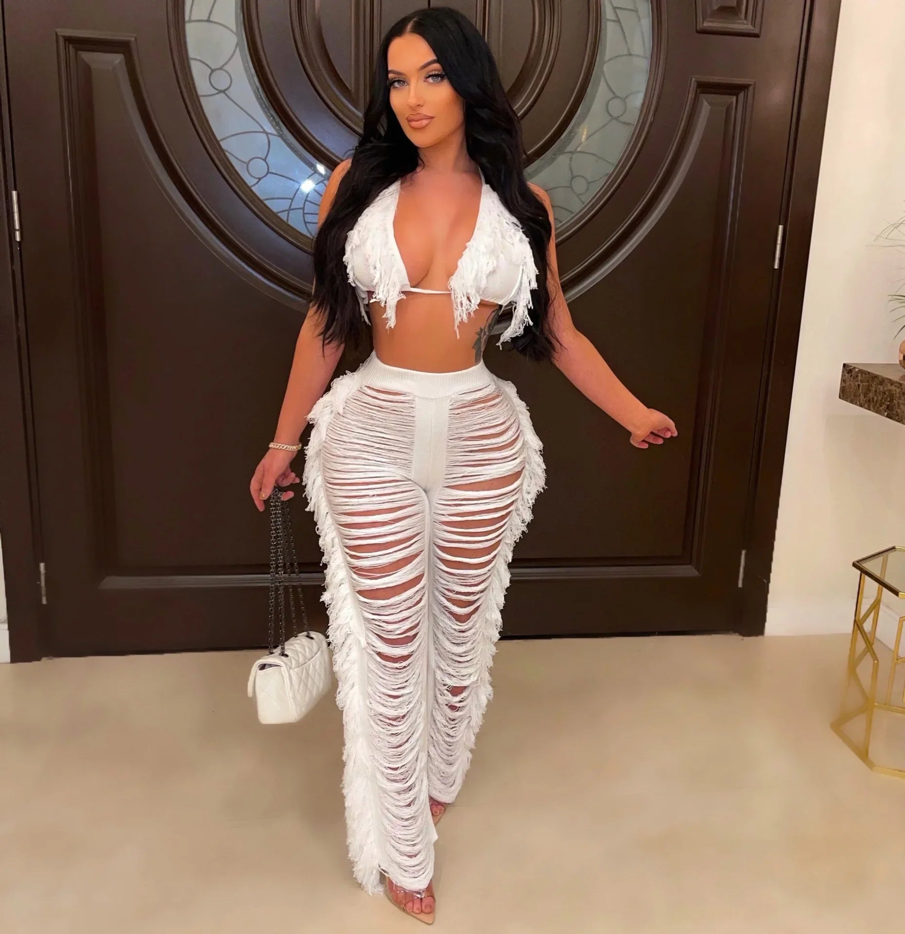 DEKAWomen Tassel Pants Knitted Bra Top Bikini Set Swimsuit Handemade Crochet Bikini Cover Up Tassel Beach Long Wrap Pant