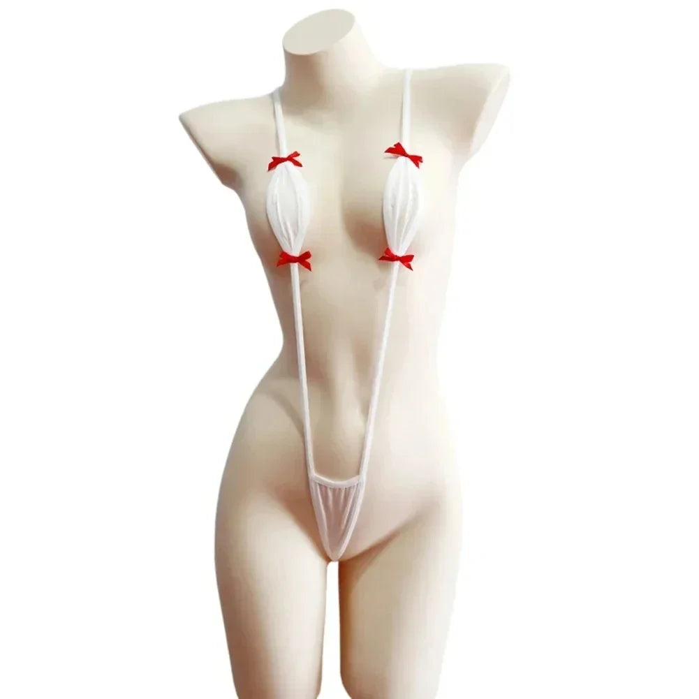 Japanese Sexy Bikini Set Lingerie Women Three-Point Jumpsuit Hollow Tight V-neck Swimwear Ultrathin Hollow See Through Bodysuit