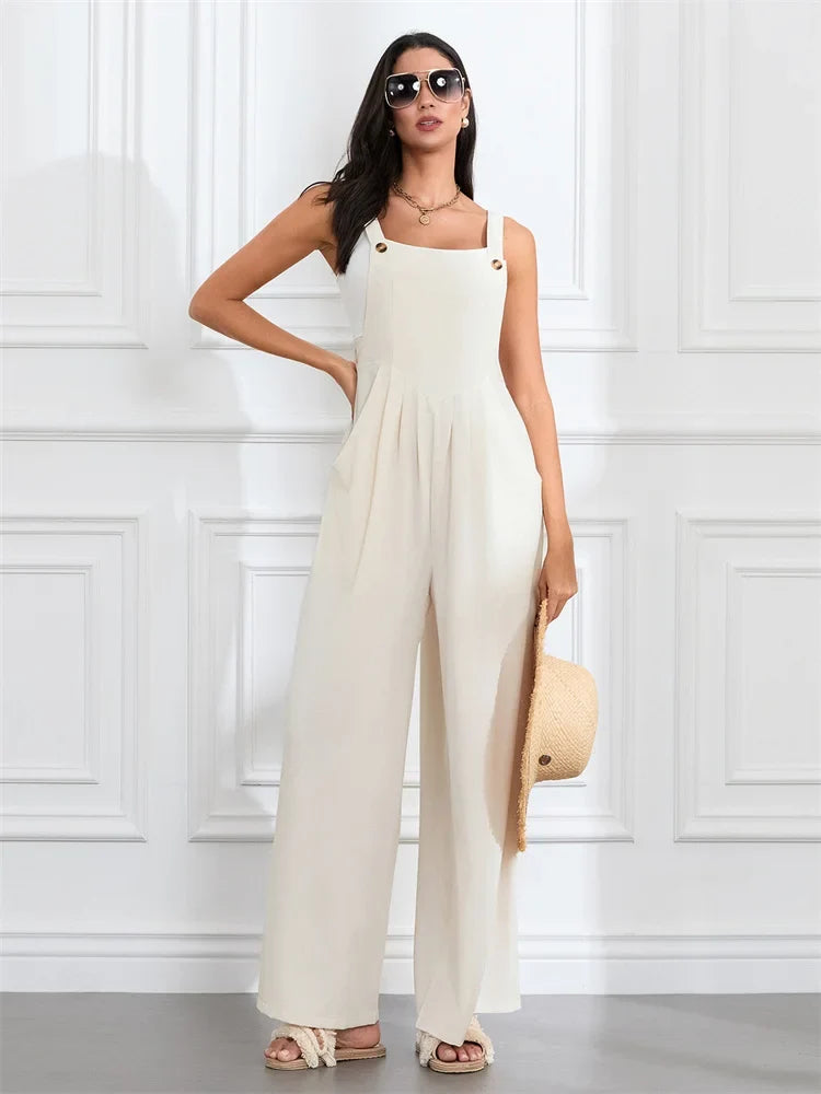 Women Fashion Jumpsuits Sleeveless Buttons Suspender Wide Leg Pant Overalls with Pockets Casual Loose Romper Streetwear