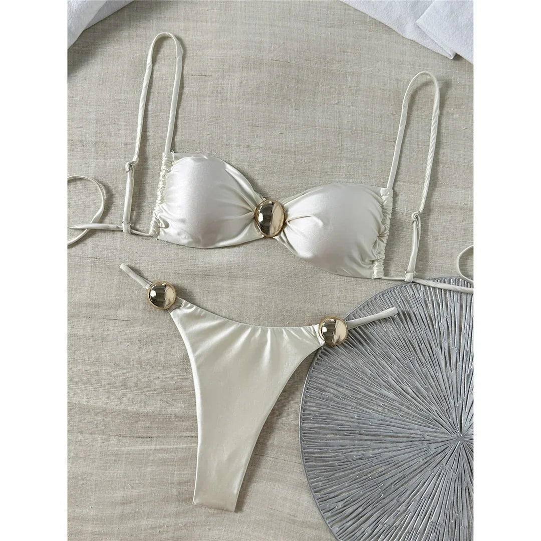 Sexy Metal Ring Bikini Women Swimwear Female Swimsuit Two-Pieces Bikini Set High Cut Leg Padded Bather Bathing Suit Swim V8311