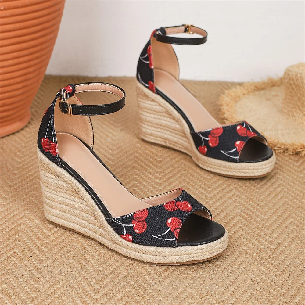 EUR Size 45 Leisure Espadrille Wedge Sandals Women Cherry Summer High Heels Shoes Beach Vacation Platform Ankle Strap Sandals