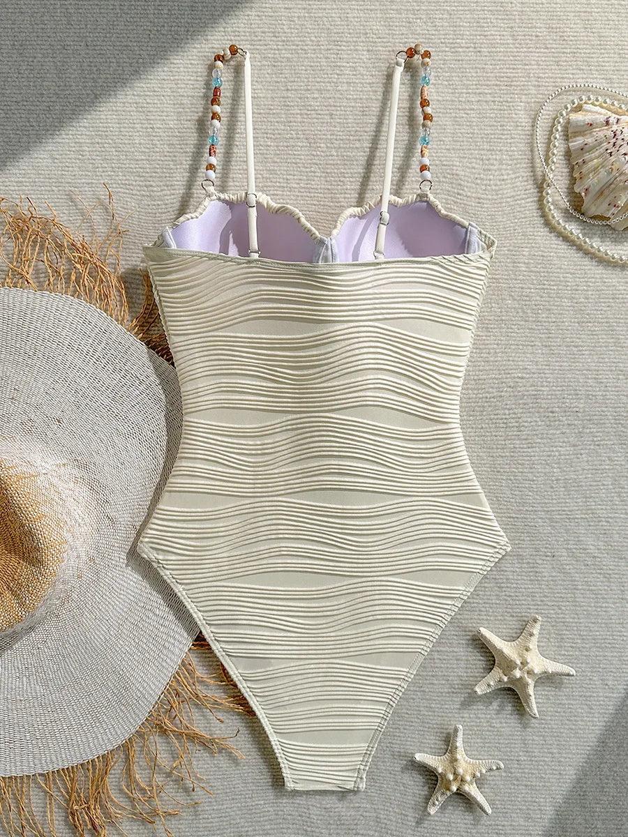 Shell Underwired Wrinkled Beads One Piece Swimsuit Women Swimwear Female High Leg Cut Monokini Bather Bathing Suit Swim Bodysuit