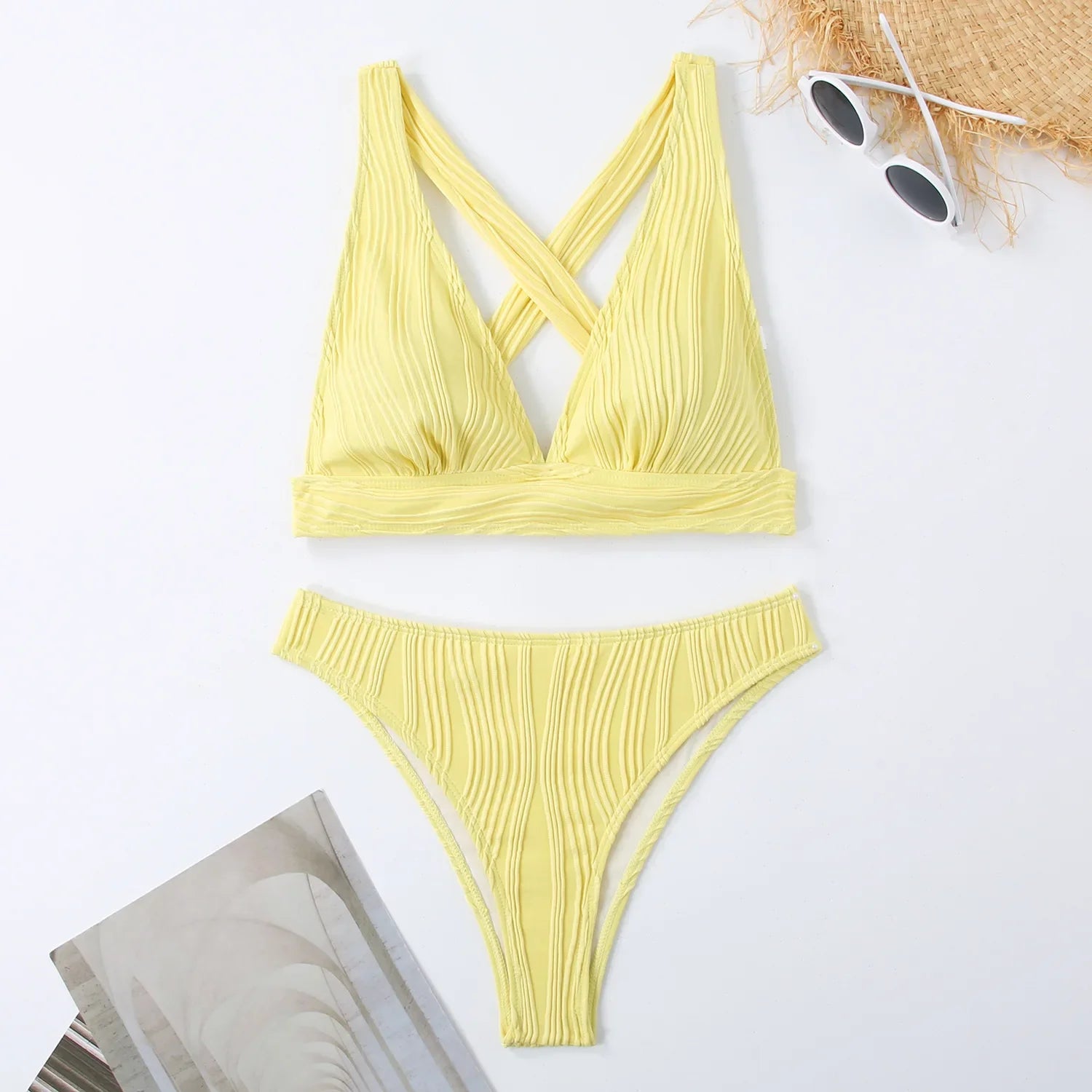 Wrinkled Crinkled Cross Back Bikini Women Swimwear Female Swimsuit Two-pieces Bikini Set High Cut Bathing Suit Swim Beach Wear