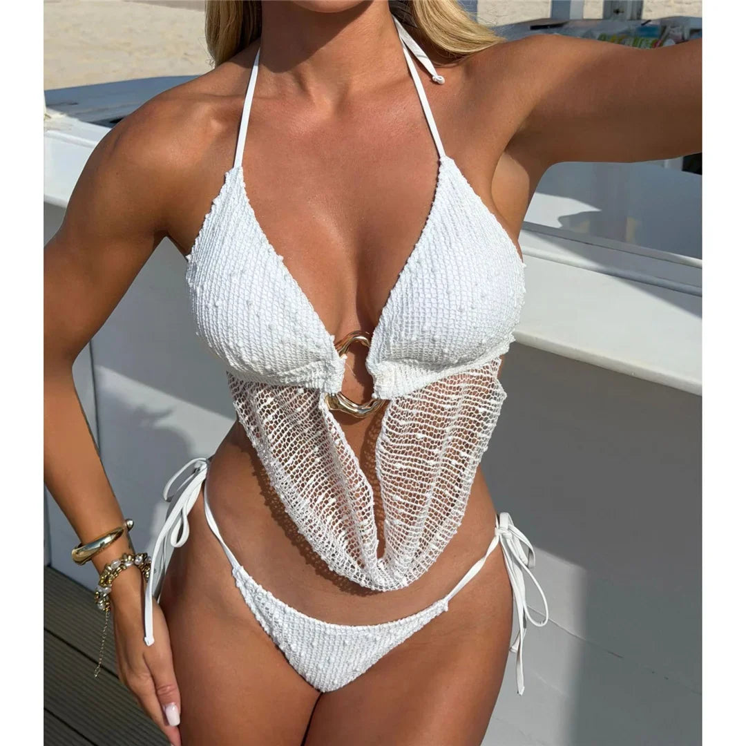 New Hollow Out Tankini Halter Bikini Female Swimsuit Women Swimwear Two-pieces Bikini set Strappy Bather Bathing Suit Swim V8076