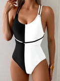 Vintage Black White Patchwork Swimwear Women 2025 Sexy Double Strap Bandage Cross Tummy Control Swimwear Summer Bathing Suits