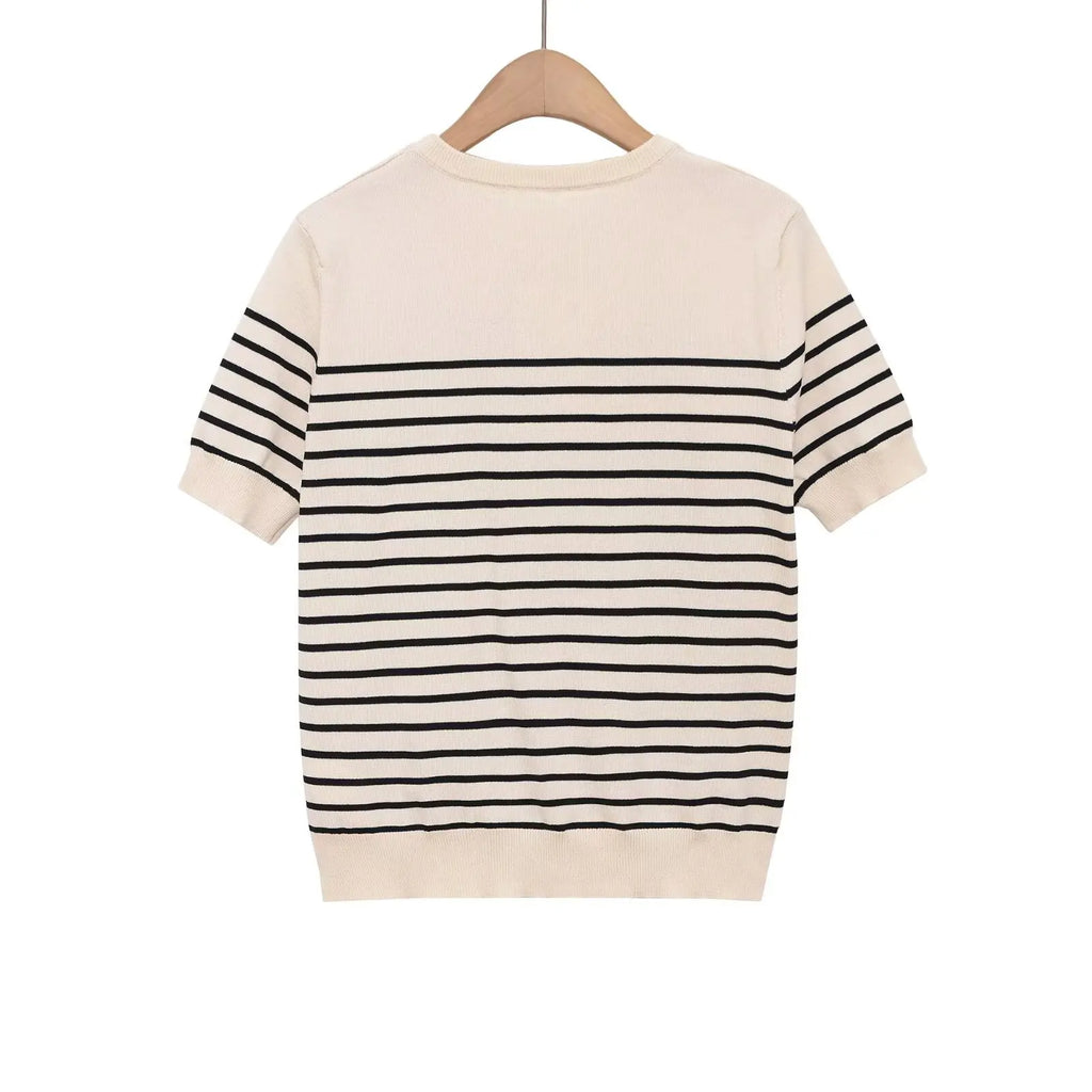 Fashion Striped Knit Sweater Black Striped Knit T Shirt Casual Short Sleeve Crew Neck Slim Fit Top For Women Summer Daily 0HAD