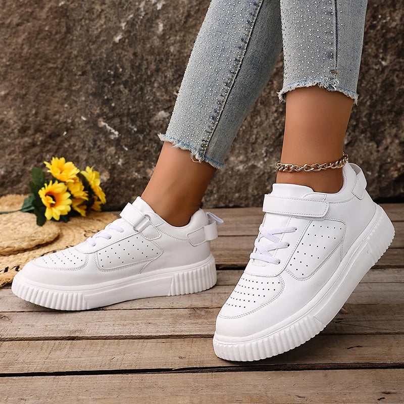 Plus Size 43 Breathable Platform Sneakers Women White Lace Up Thick Bottom Vulcanized Shoes Woman Hook Loop Non Slip Sport Shoes