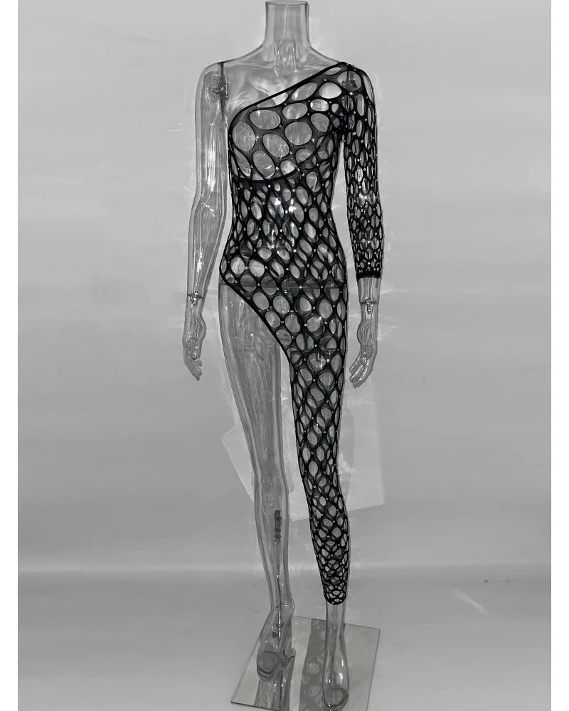 Toucheart Sexy Lingerie Women's Jumpsuit Shiny Diamond Fishing Net One-sleeved Leg Jumpsuit Sexy Hollow Out See-through Jumpsuit