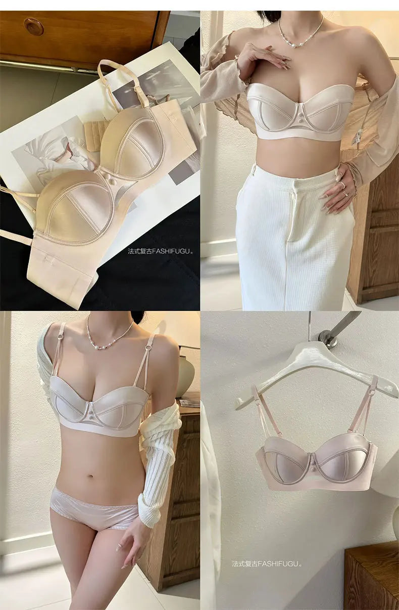TikTok Viral MOYISU Summer Satin Bralette Strapless Push Up Bra&Set French Retro Anti Sag Lingerie Set Small Breast Support Gift