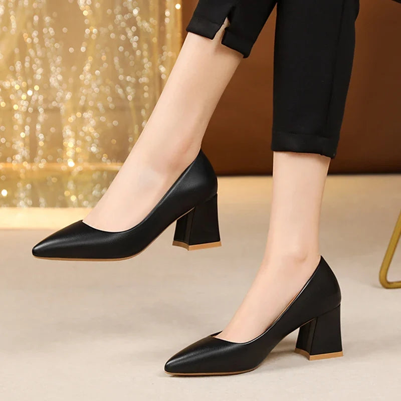 Zoki 2025 Thick Heels Basic Pumps for Women Solid Color Pointed Toe High Heel Office Shoes Woman Shallow Plus Size Pumps 35-42
