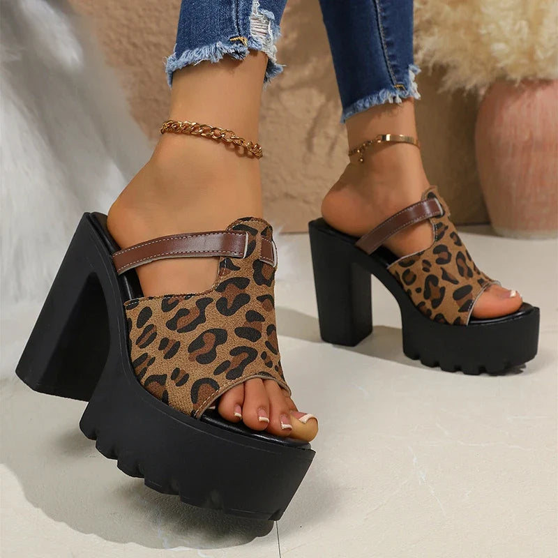 Leopard Print Chunky Platform Sandals for Women 2026 Summer Slip On Super High Heels Sandals Woman Plus Size 43 Fashion Slippers