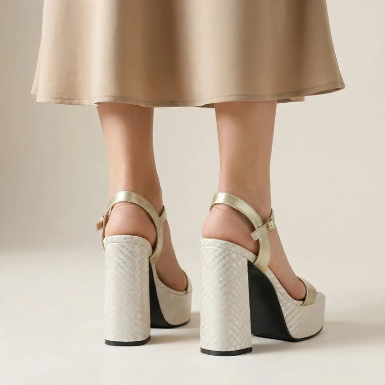 Silver Women Sandals Square Toe 12.5cm High Heel 4.5cm Platform Buckle Strap Large Size 43 44 45 46 Sexy Dating Shoes