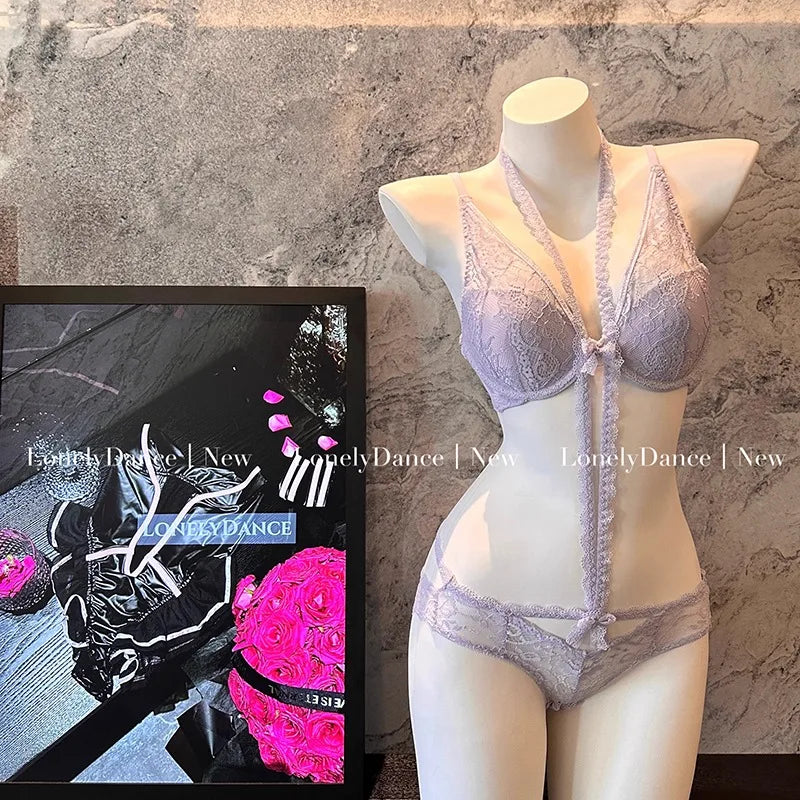 Elegant French Purple Halter Neck Bra Set Delicate Lace Bralette for Small Bust Layered Straps Lingerie UK Sizes MOYISU Sexy Bra