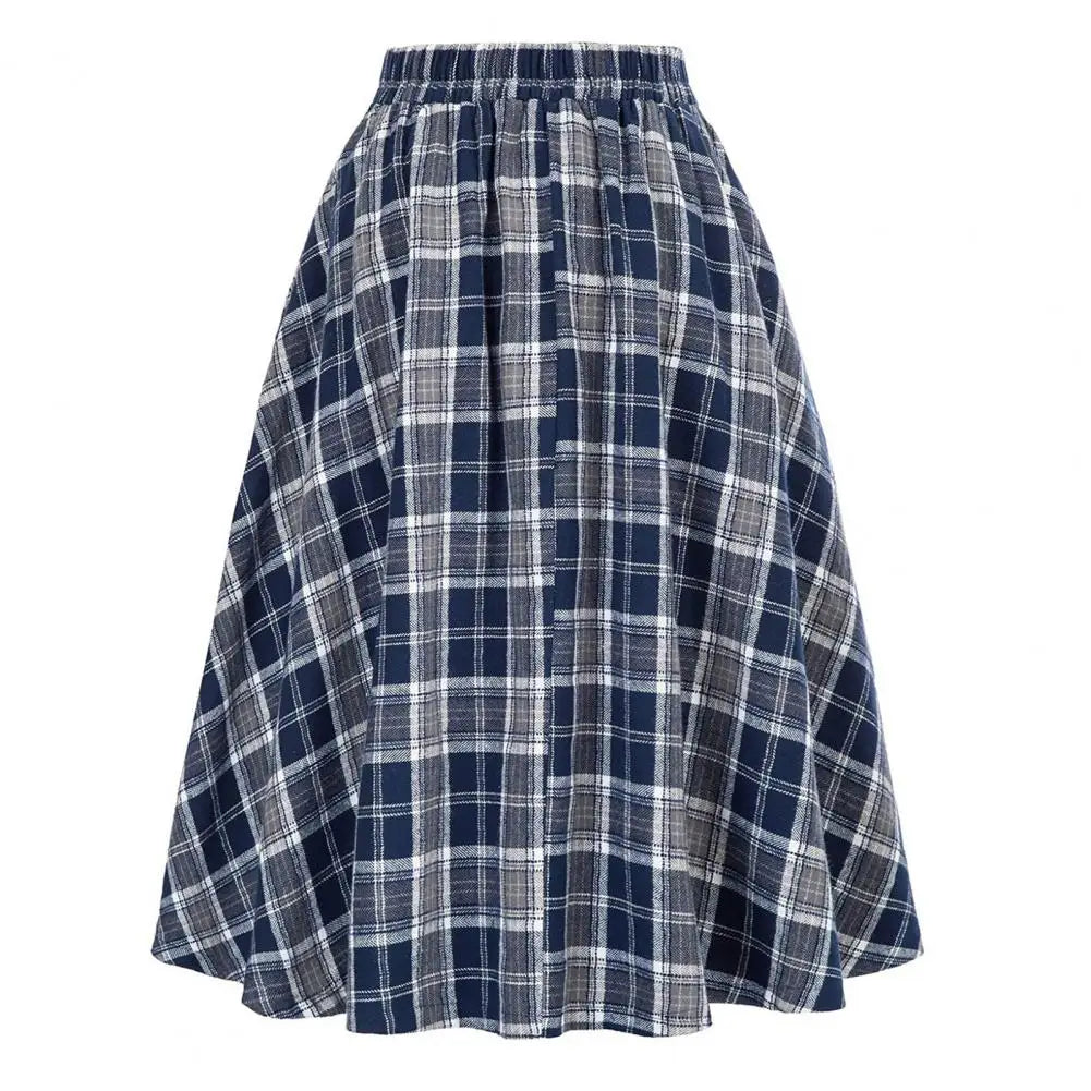 High Waist A-Line Skirt Women Midi Skirt Plaid Print Large Hem Design Autumn Winter Skirt Streetwear
