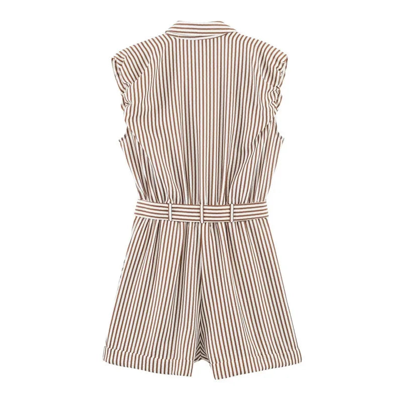 Women's Belted Striped Shorts Jumpsuit Women Striped Sleeveless Button Down Belted Pocket Detail Casual Jumpsuit For Summer 9X2T