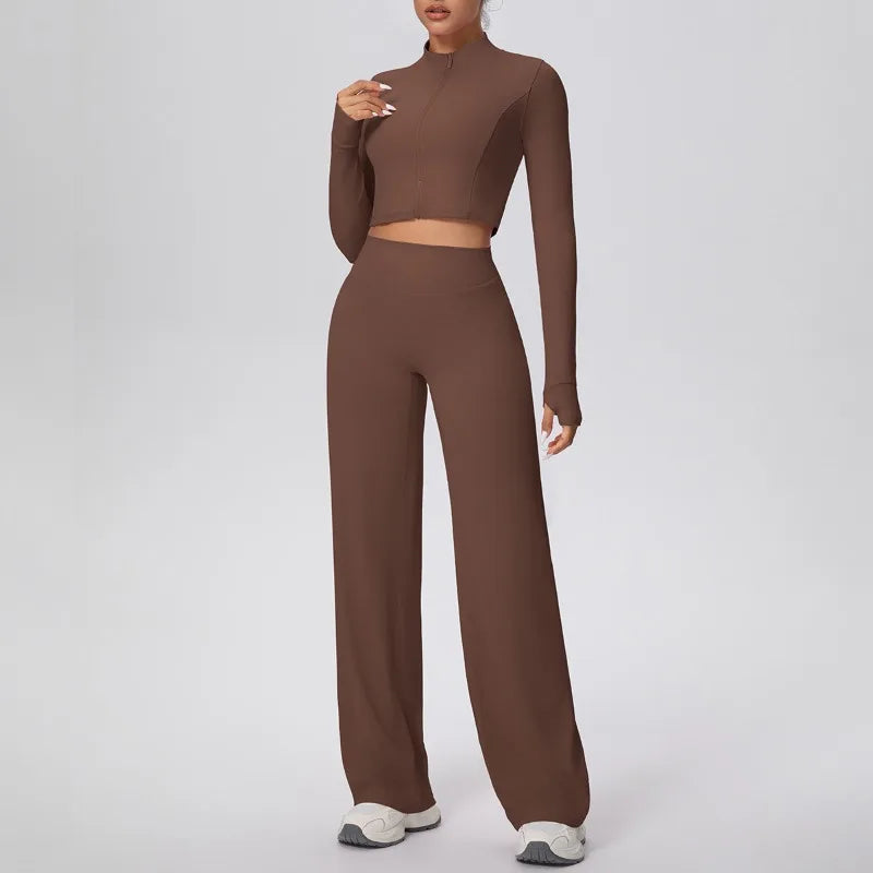 2 Pcs Women's Seamless Yoga Set Long-sleeved Wide-leg Pants Tracksuit Fitness Sports Set High-waisted Hip-lifting Slim-fit Suit