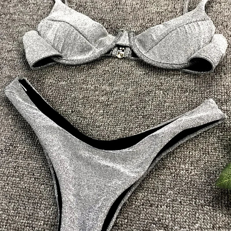 Glitter Sparkling Underwired V-Bar Bikini Women Swimsuit Female Swimwear Two-pieces Bikini Set Micro Thong Bathing Suit Swim