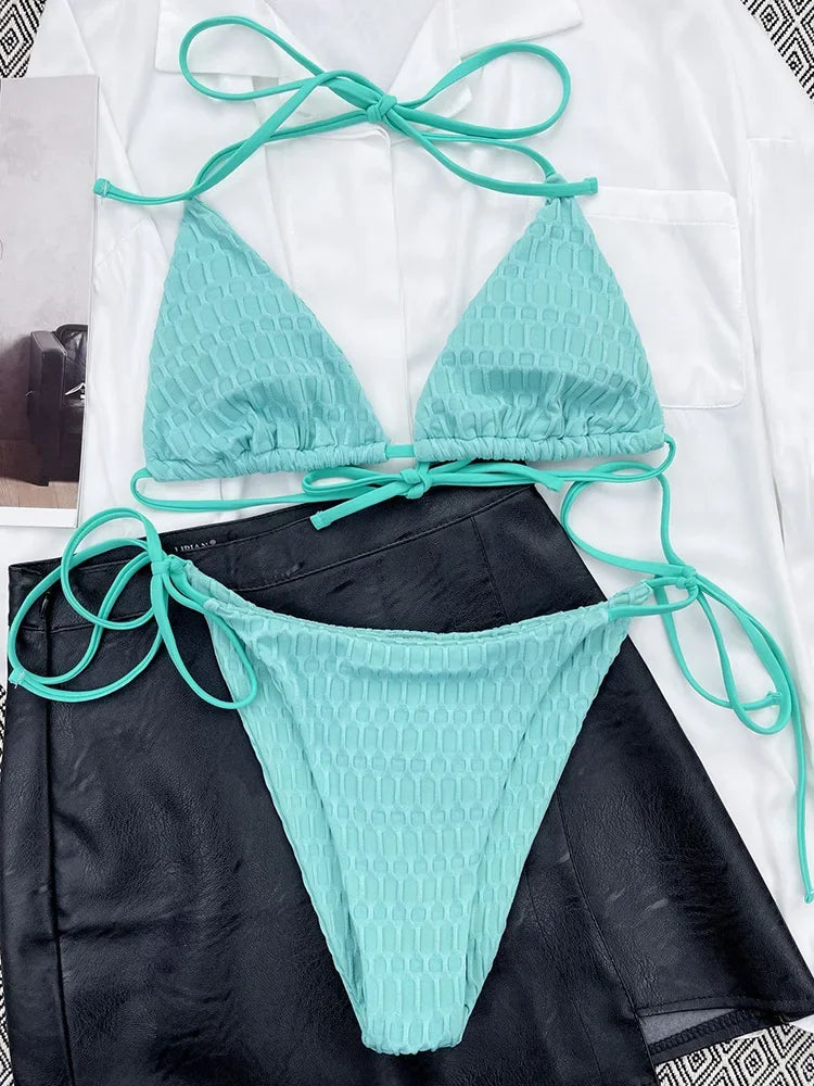 Halter Wrinkled Mini Micro Bikini Women Swimwear Female Swimsuit Two-pieces Bikini Set Brazilian Bather Bathing Suit Swim Lady