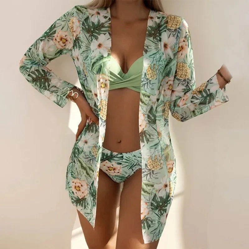 20 Colors Three Piece Bikinis Set Women Sexy Push Up Swimwear Swimsuit Plants Print Bathing Suit Bikini Cover Up Banadores Mujer