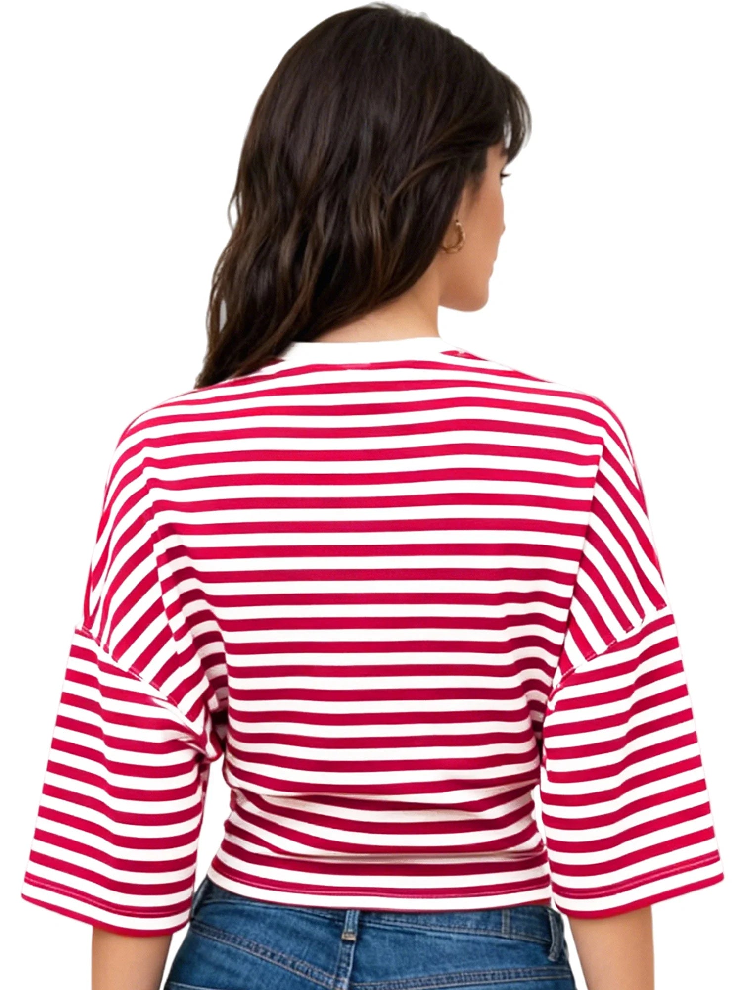 Women Summer Fashion Casual Elbow Sleeve T-Shirts Stripe Cinched Waist Crew Neck Tops Streetwear