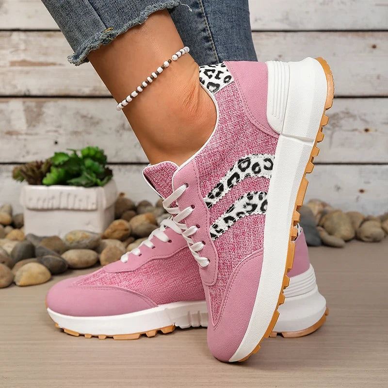 Fashion Leopard Print Pink Sneakers Women 2026 Spring Non Slip Platform Sneakers Woman Comfortable Lace Up Sport Shoes Plus Size