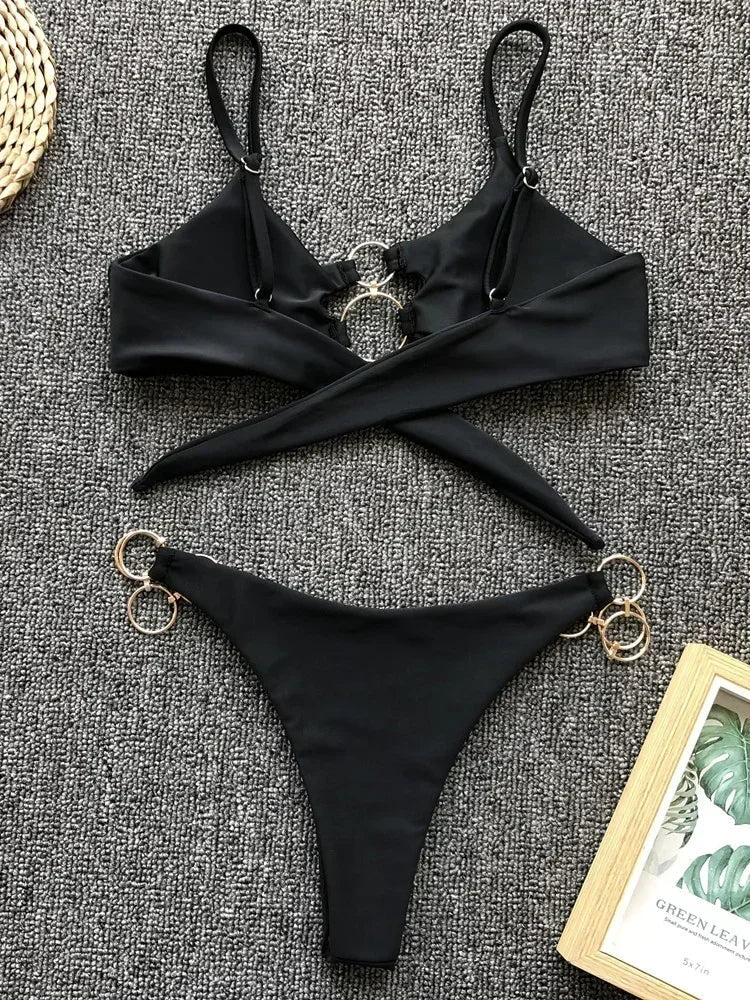 Metal Rings Bikinis Hollow Out Bikini Women Swimsuit Female Brazilian Swimwear Two Pieces Bikini Set High Cut Bathing Suit Swim