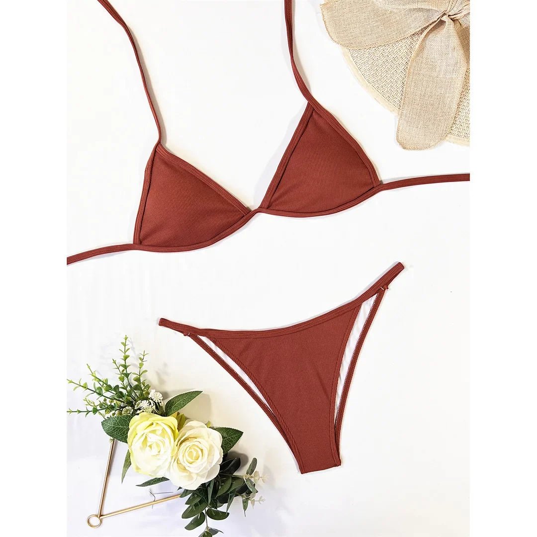 XS - L Ribbed Halter Bikini Women Swimwear Female Swimsuit Four-pieces Bikini set With Sarong Bather Bathing Suit Swim V3152B
