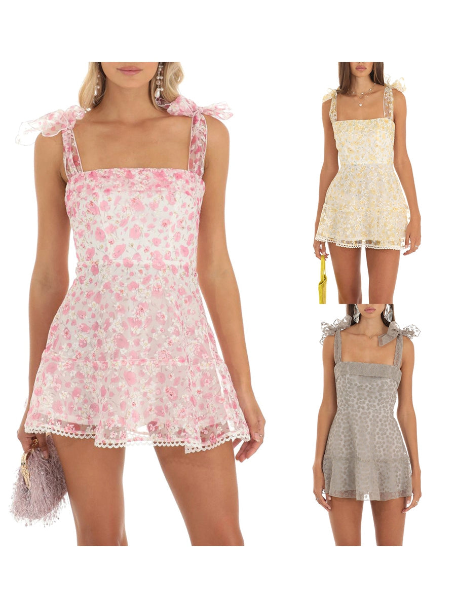 Women Fashion Double Layer Backless Cami Dress Summer Casual Floral Print Tie-Up Shoulder Strap Mini Dress Grey/Pink/Yellow