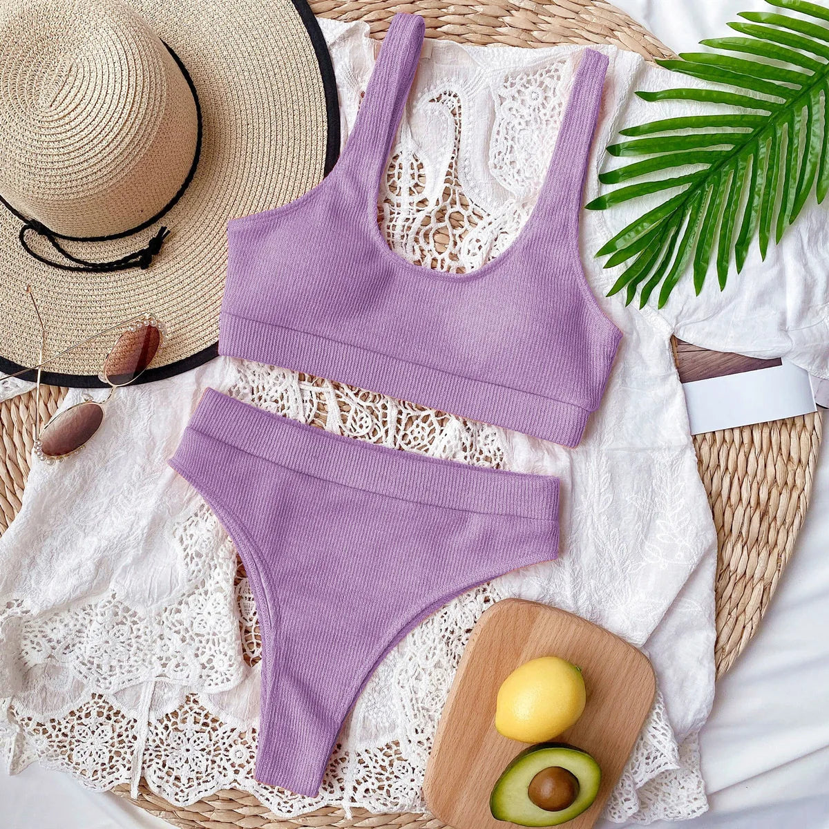5 Colors Sexy Bikini Women Solid Knitted High Waist Swimwear Swimsuit Female Bikinis Set Bathing Suit Sport Bikini Taille Haute