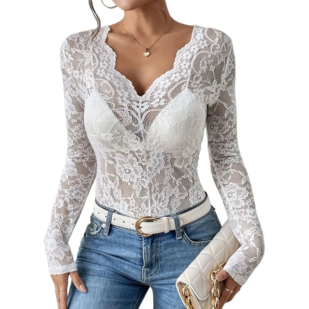 Women V Neck Floral Lace Long Sleeve T Shirt See Through Slim Fit Tees Y2k Gothic Club Party Streetwear Ladies Sheer Basic Tops