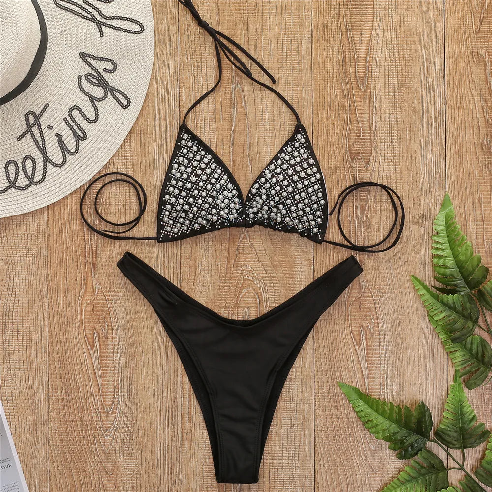 2026 Summer Pearl Decor Women's Swimsuit Shiny Strappy Swimwear Sexy Backless 2 Pieces Suit Femme Lace Up Bathing Suit Beachwear