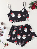 Women Sleepwear Christmas Santa Print Crew Neck Sleeveless with Spaghetti Strap Top and Shorts Pajama Set Loungewear