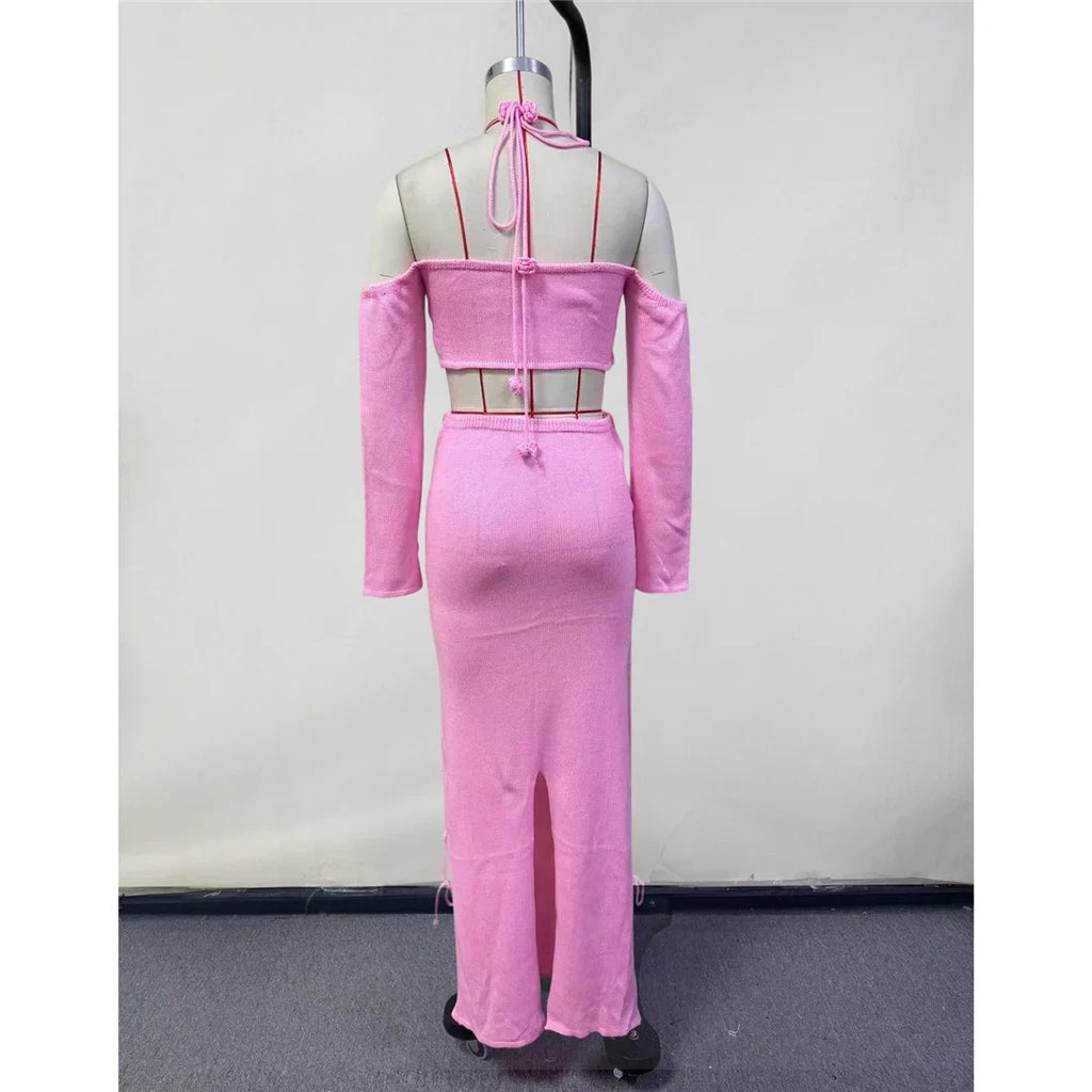 Sexy Knitted Sling Long Skirts Woman's Set Casual Slim Solid Lace Up Tube Tops Slit Skirt Sets Female Summer Beach Dress V6187