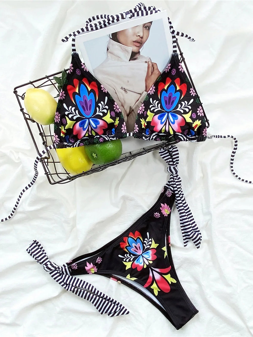 Brazilian Women Swimwear Flowers Printed Halter Bikini Female Swimsuit Two-Pieces Bikini Set Bather Bathing Suit Swim Lady V3394