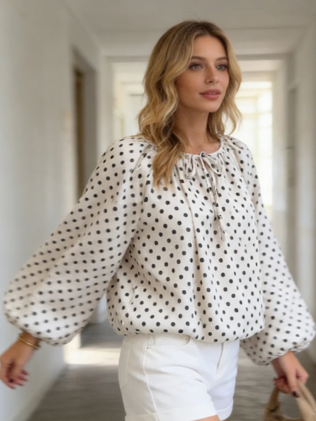 Women Puff Long Sleeve Crew Neck Spring Fall Tops Fashion Dot Print Casual Loose Fit Flowy Blouse