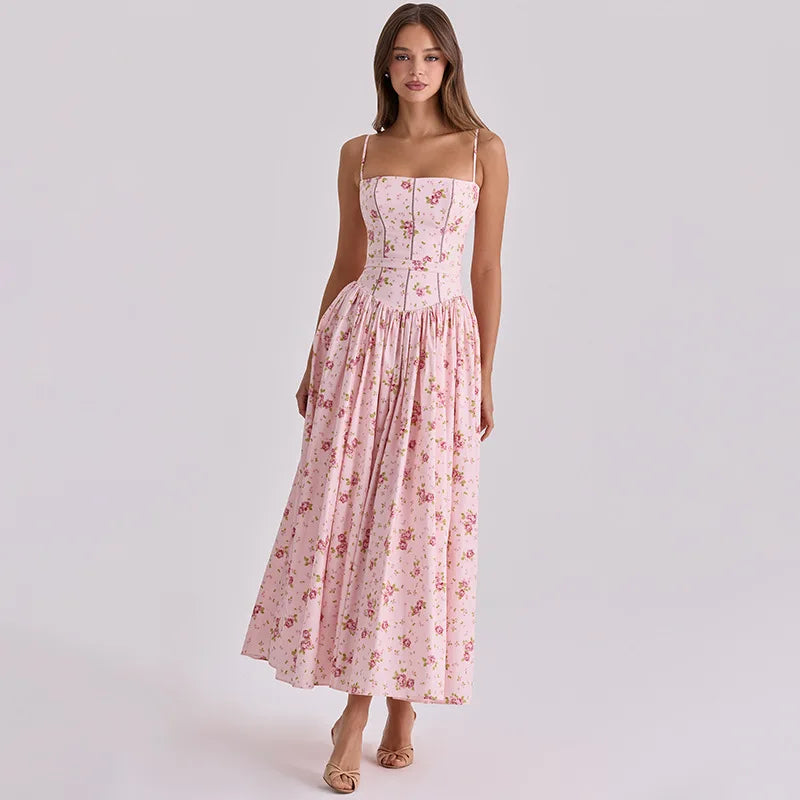 FDYOUI 2026 Summer Spaghetti Strap A-line Floral Vacation Dress for Women Elegant High Waist Tunics Long Party Evening Dresses