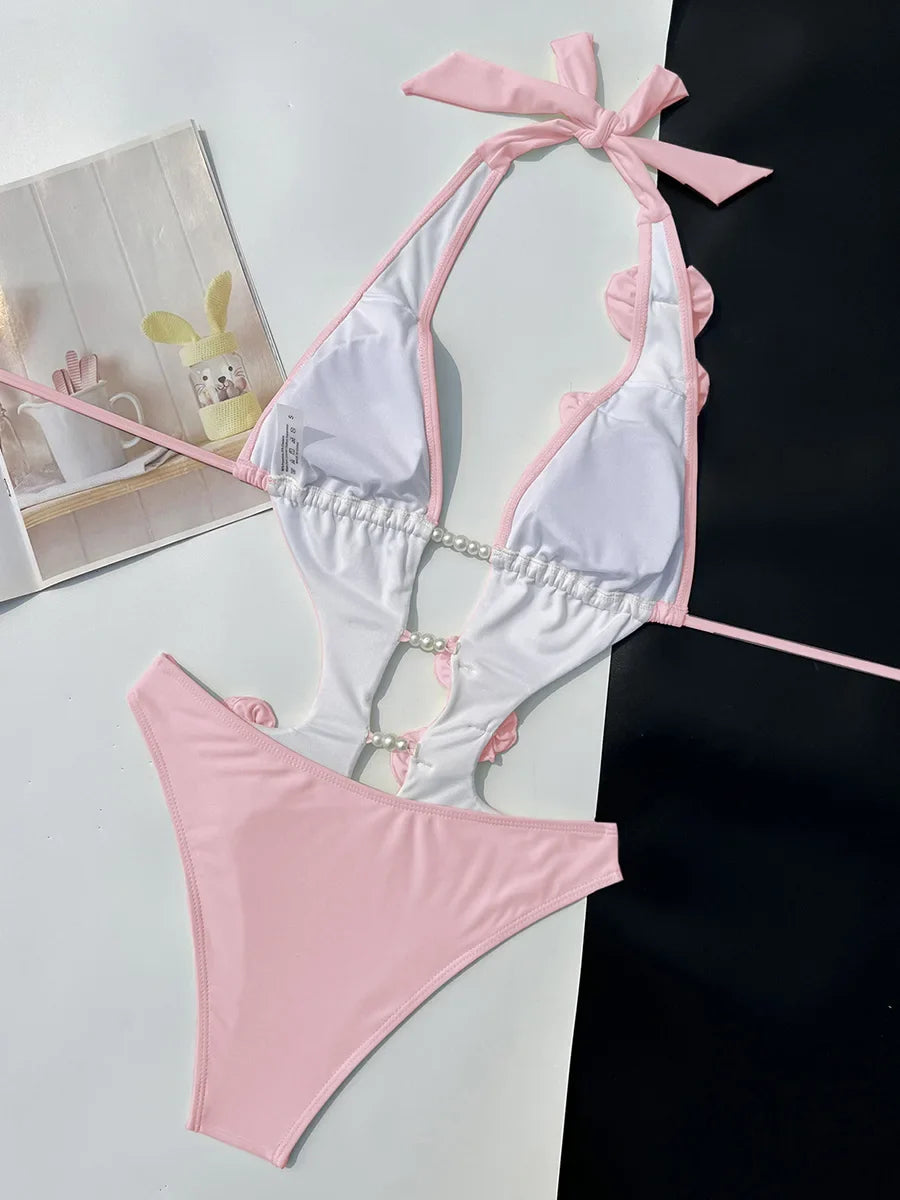 3D Flowers Pearl Deep V Neck Halter Backless Female Swimwear One Piece Swimsuit Women Monokini High Cut Bather Bathing Suit Swim