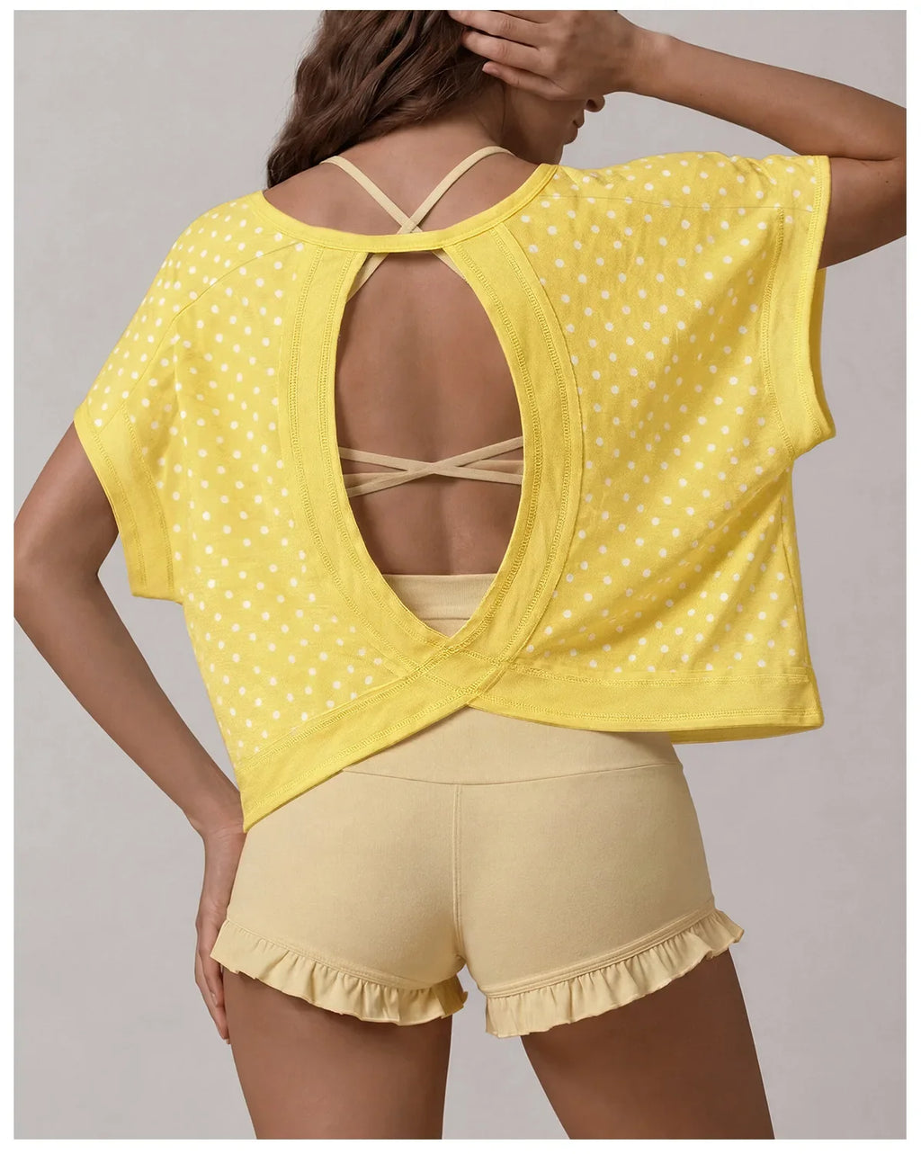 Summer Back Hollow Out Yoga T Shirts Women Polka Dot Print Short Sleeve Loose Sports Cover Up Breathable Training Fitness Tops