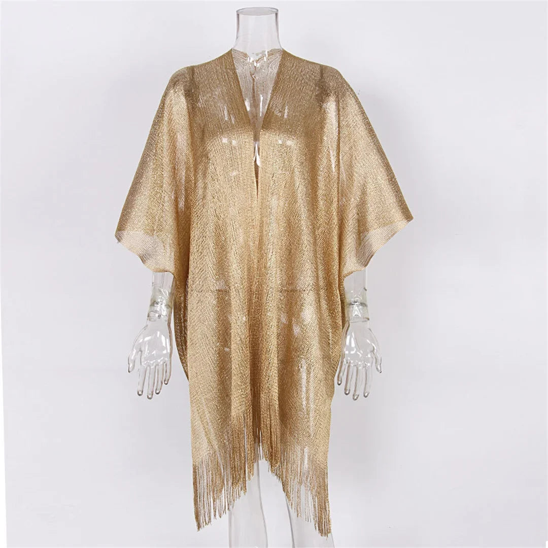 Sexy Fringe Tassel Mesh Sheer Shiny Knitted Tunic Beach Cover Up Cover-ups Beach Dress Beach Wear Beachwear Female Women V3321