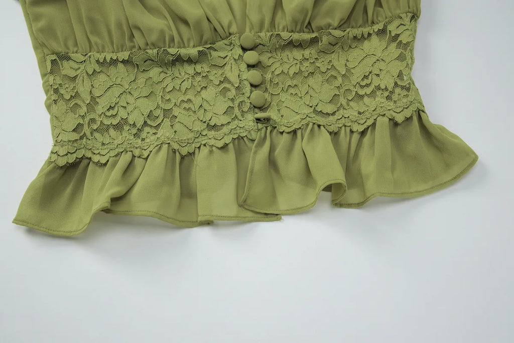 FDYOUI Sexy V-neck Lace Patchwork T-shirt Tops+Long Skirt 2 Piece Set Women's Summer Green Holiday Party Dress Suit Streetwear