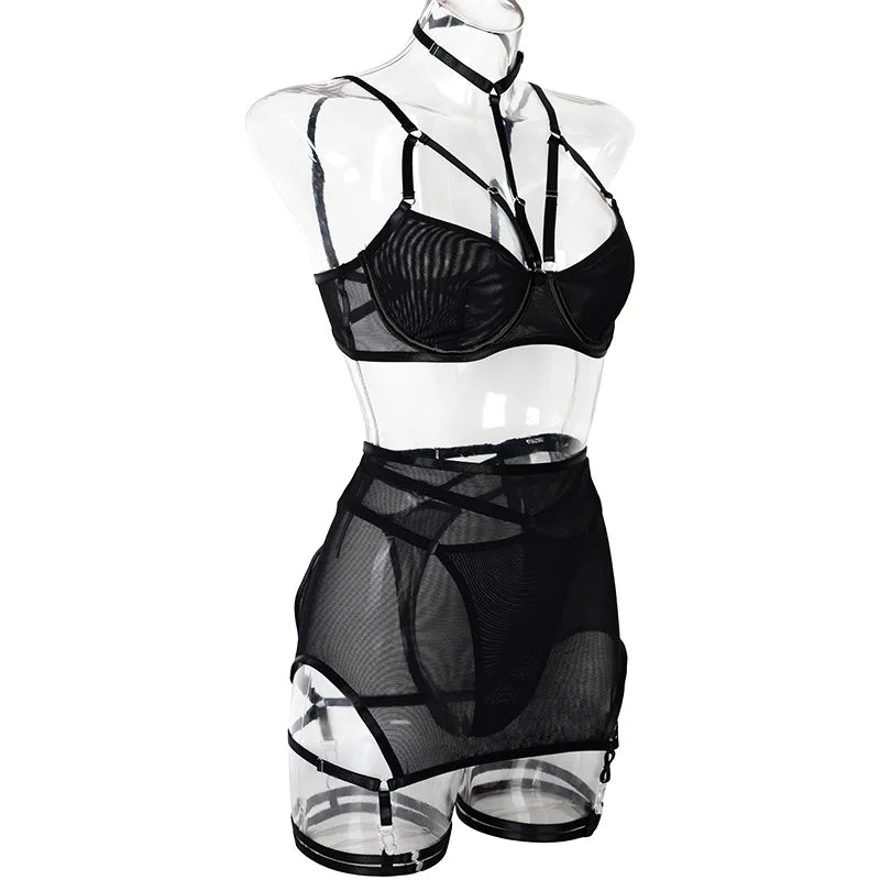 Toucheart Trendy Lingerie 4 Pieces Set Exotic Sexy Bra Eroctic Garter Underwear Set Women's Mesh See-through Luxury Underwear