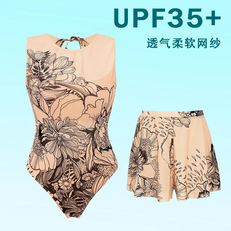 UPF 35+ Retro Sleeveless Swimwear Bodysuit High-end Mesh One Piece Swimsuit Women 2026 Sexy High Cut Bathing Suit with Cover Up
