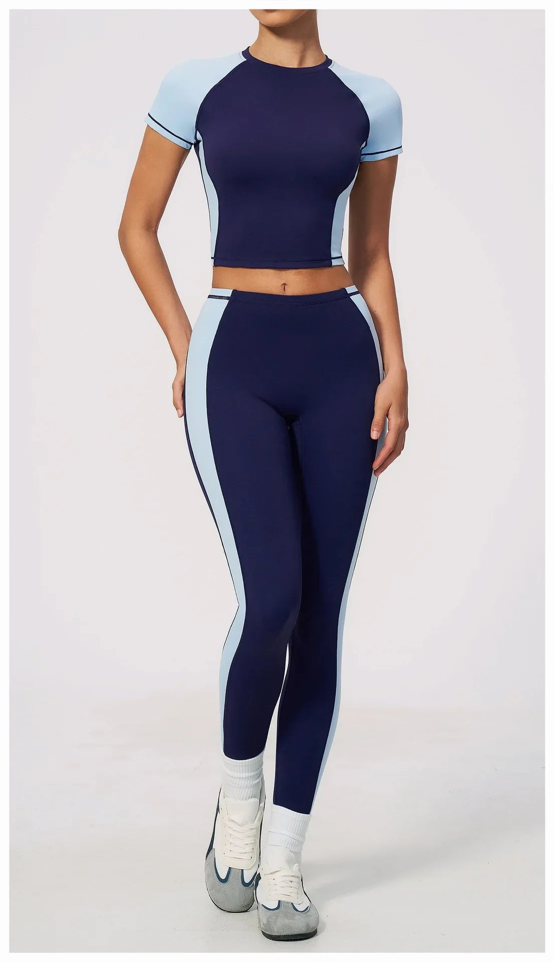 Nake Yoga Set Women's Tracksuit Color Contrast Short Sleeve Slim Sports T Shirts High Waist Leggings Fitness Clothes Gym Outfits