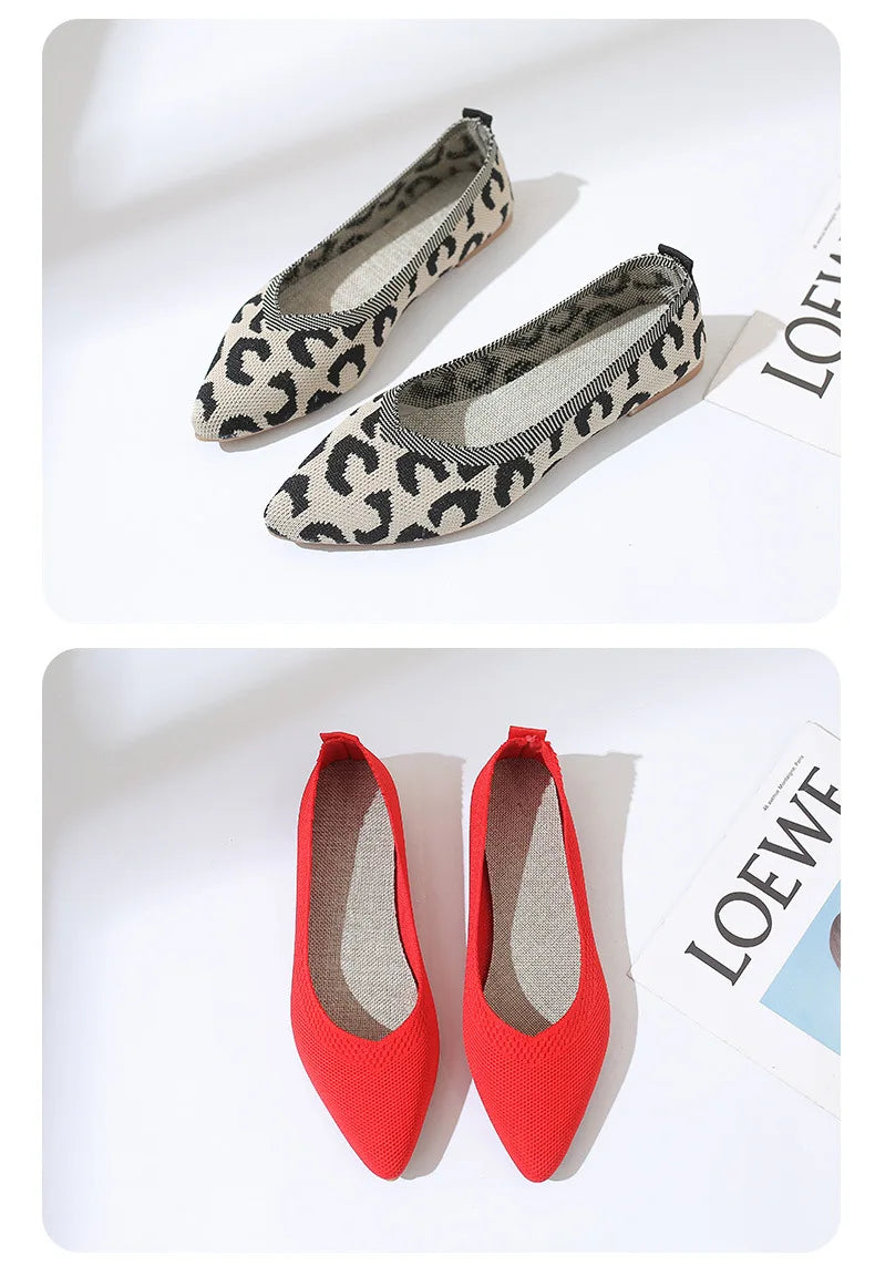 Elegant Leopard Knitted Ballet Flats Woman Pointed Toe Mesh Moccasins Ladies Fashion Walking Loafers Slip-on Soft Driving Shoes