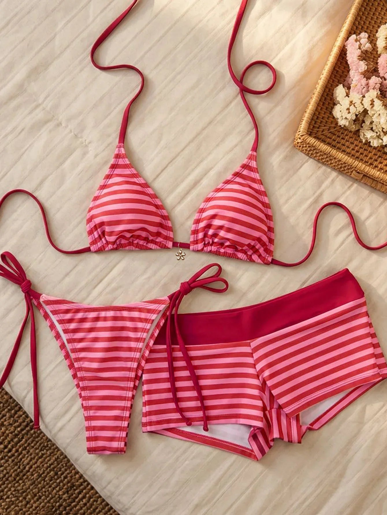 Sexy Red Striped Bikini Set Women Metal Flower Push Up Bra High Waist Pants 3 Piece Swimsuit 2026 Bathing Suit Holiday Swimwear