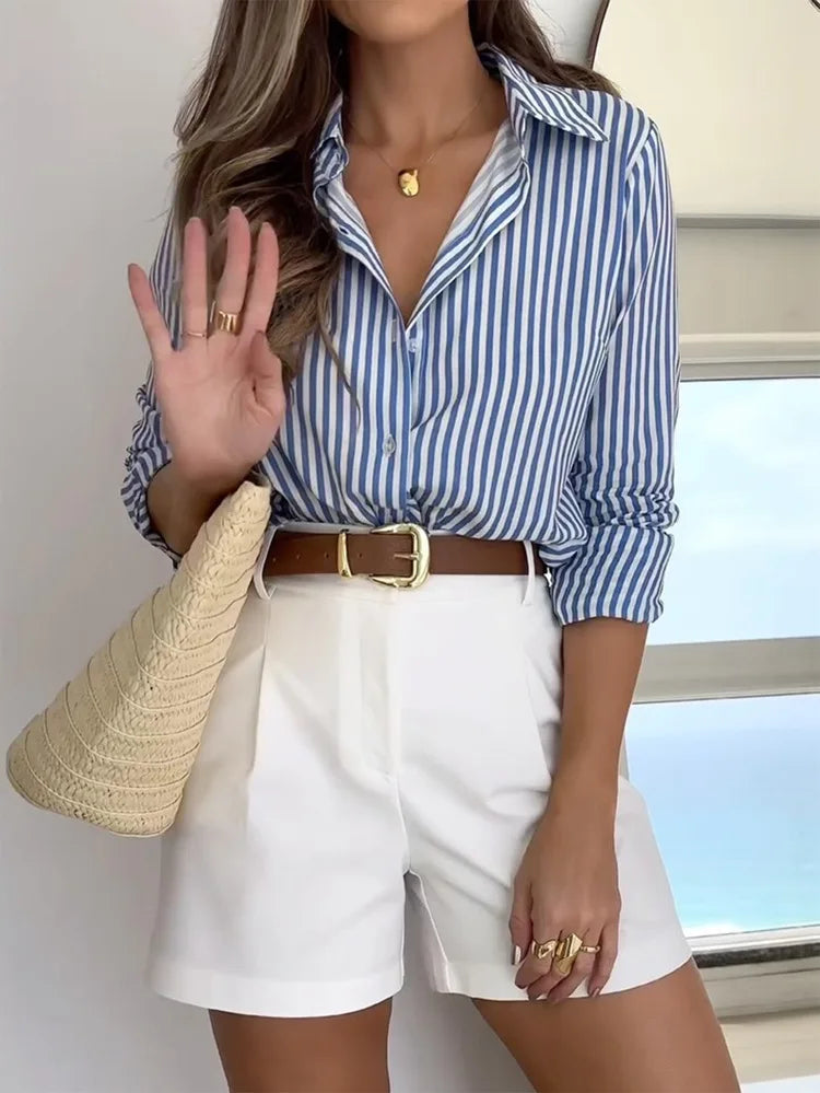 Phantasy Office Lady Shirt Women Pink Striped Tops Long Sleeved Shirt Pocket Streetwear Spring Autumn Casual Female Shirt