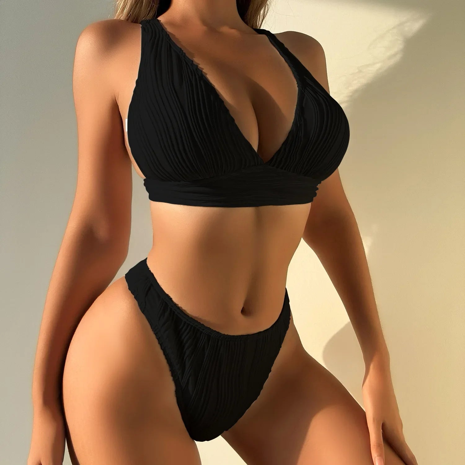 Wrinkled Crinkled Cross Back Bikini Women Swimwear Female Swimsuit Two-pieces Bikini Set High Cut Bathing Suit Swim Beach Wear
